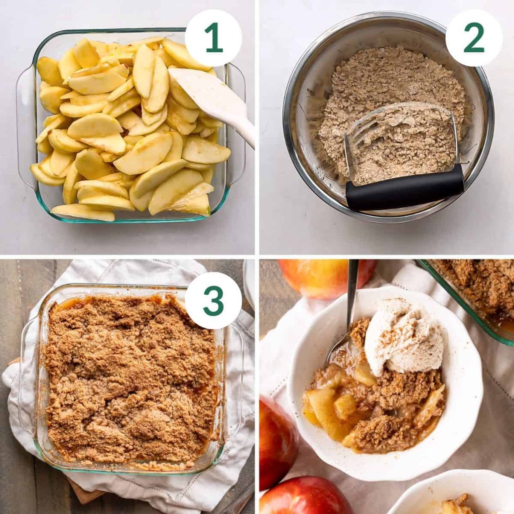 Delia Smith apple crumble baked golden with apple filling bubbling at the edges